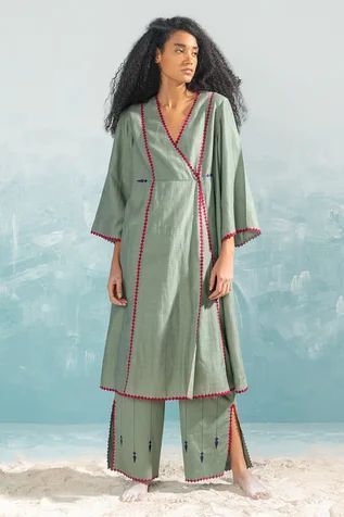 Shop for Ikai Green Cotton Silk Chanderi Nile Wrap Overlap Tunic for Women Online at Aza Fashions Tunic Tops Outfit, Cotton Tunics For Women, Women Shirt Designs, Stylish Kurtis Design, Indian Designer Suits, Simple Kurta Designs, Pant For Women, Kurta Neck Design, Kurta Designs Women