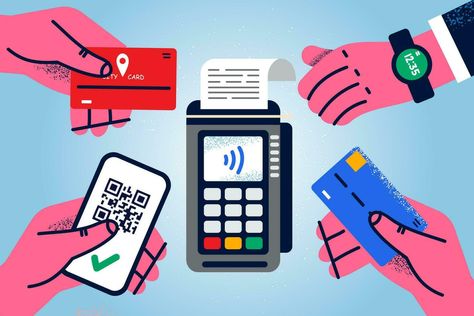 Diverse people hands with smartphone, credit card and smartwatch pay on POS terminal. Clients make payment using contactless wireless method. NFC concept. Vector illustration. Pos Terminal, Diverse People, Line Illustration, Card Illustration, Smartwatch, Smart Watch, Vector Art, Credit Card, Vector Illustration