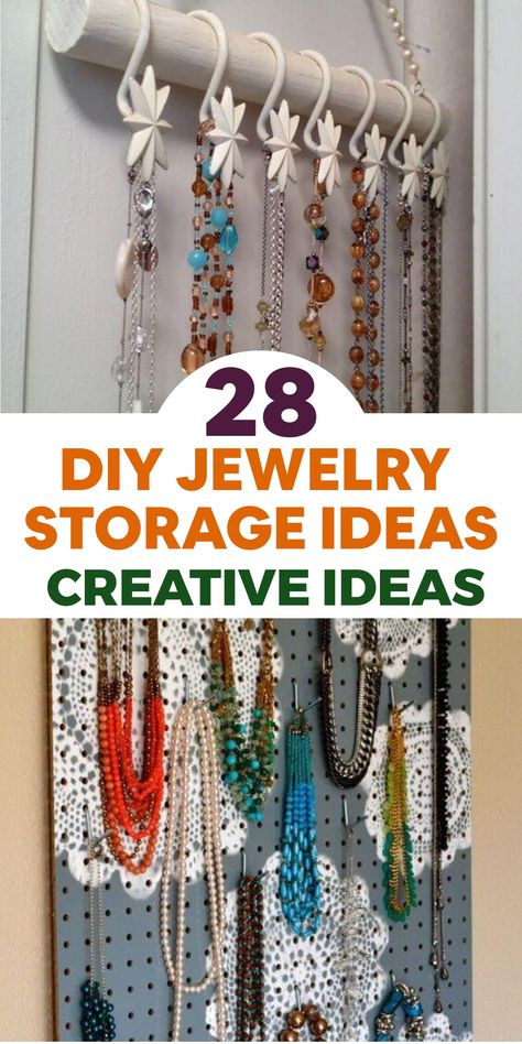 Organize and display your jewelry with elegance using these inventive DIY storage ideas. Transform a vintage frame into a chic hanging jewelry holder by adding decorative hooks for a sophisticated showcase of your necklaces and bracelets. Upcycle a small saucer or plate to craft a unique jewelry dish, painted with gold leaf accents for a glamorous storage solution. Reuse a wooden hanger to create a personalized organizer, complete with hooks for earrings and rings, maximizing space and convenien Diy Jewelry Storage Wall, Ideas For Hanging Necklaces, Diy Bracelet Holder, Diy Jewelry Storage, Jewelry Storage Ideas, Necklace Organizer Diy, Diy Jewelry Hanger, Diy Necklace Holder, Diy Storage Ideas