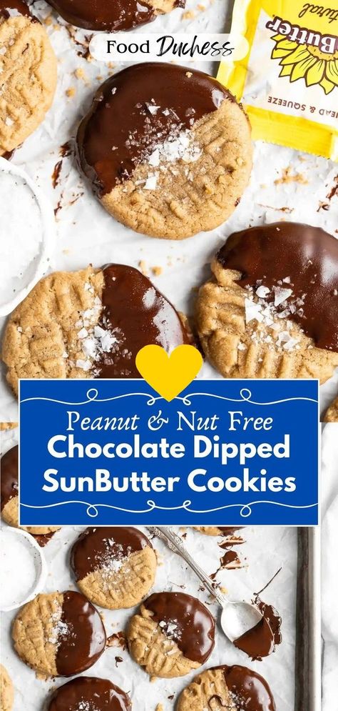 These incredibly chewy and tender SunButter Cookies are dipped in velvety chocolate for the perfect peanut & nut-free alternative to peanut butter cookies! Made with natural SunButter, for that nutty flavour (minus the nuts), light brown sugar, and a few other ingredients, these cookies are moist, soft, and have that perfect chewy mouth feel. They are finished by dipping half in chocolate and sprinkling with flaky sea salt! Sunbutter Recipes, Sunbutter Cookies, Nut Free Cookies, Dipped Cookies, Chocolate Brands, Peanut Free, Cookies Ingredients, Chocolate Dipped, Peanut Butter Cookies