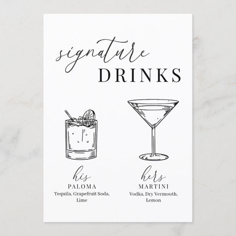 Modern Elegant Black & White Signature Drinks Sign  Zazzle Black And White Drinks, Signature Wedding Drinks Sign, Wedding Drink Sign, Frozen Margarita, Margarita On The Rocks, White Drinks, Reception Drink, Classic Serif Fonts, Drinks Sign