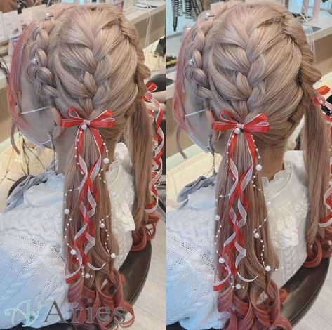 Ribbon In Hair Braid, Heart Braid, Kawaii Wigs, Ribbon Braids, Kawaii Hairstyles, Hair Tips Video, Hair Arrange, Ribbon Hairstyle, Hair Dye Colors