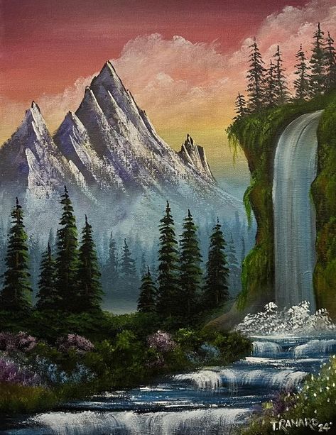 Bob Ross Style Painting For Beginners | I had to go back and fix my waterfalls | Facebook Bob Ross Style Paintings, Bob Ross Landscape, Landscape Waterfall, Bob Ross Paintings, Painting For Beginners, Bob Ross, Room Inspo, Painting Ideas, Wall Murals