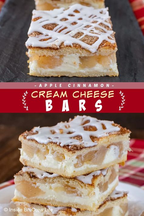 Apple Cream Cheese Bars, Cinnamon Cream Cheese Bars, Apple Cinnamon Cream Cheese, Apple Danish Recipe, Deserts With Cream Cheese, Pillsbury Cinnamon Roll Recipes, Apple Pie Cheesecake Bars, Easy Puff Pastry Desserts, Cream Cheese Bars Recipe