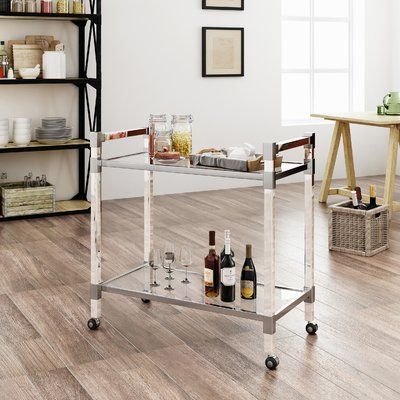 Mercer41 Kolar Modern Glass Bar Cart Silver Bar Cart, Modern Bar Cart, Metal Bar Cart, Bar Trolley, Glass Bar Cart, Indoor Bar, Mobile Stand, Tempered Glass Shelves, Glass Bar