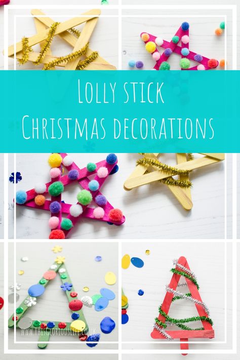 These bright and cheerful lolly stick Christmas decorations are really simple to make, and so much fun to do with the children. Lolly Stick Christmas Decorations, Lolly Stick Crafts For Kids, Christmas Lolly Stick Craft, Lolly Stick Craft Christmas, Lollypop Stick Craft, Stick Christmas Decorations, Lolly Stick Craft, Stick Decorations, Pop Stick Craft