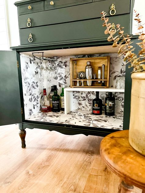 We had a lot of fun turning this once outdated antique dresser into a one of a kind, Bar Cabinet. Repurposed Liquor Cabinet, Bar From Dresser, Victrola Cabinet Repurposed, Antique Liquor Cabinet, Kind Bar, Dresser Bar, Old Bar, Cabinet Makeover, Furniture Redo