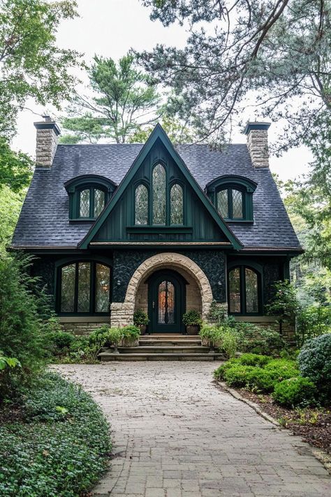 Castle Container House, Houses With Character, Castle House Modern, Archway Entrance, Gothic Revival Cottage, Cottagecore Houses, Gothic Houses, Whimsical Architecture, Dark Cottagecore House