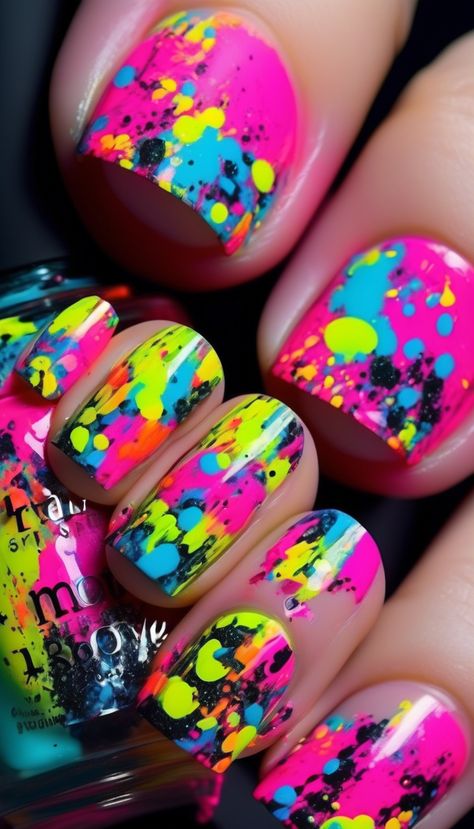 Neon splatter paint nail art 80s Nails Designs, Neon Splatter Paint, Cute Halloween Nail Designs, 80s Nails, Neon Nail Art Designs, Splatter Nails, Neon Nail Art, Paint Nail, Halloween Acrylic Nails