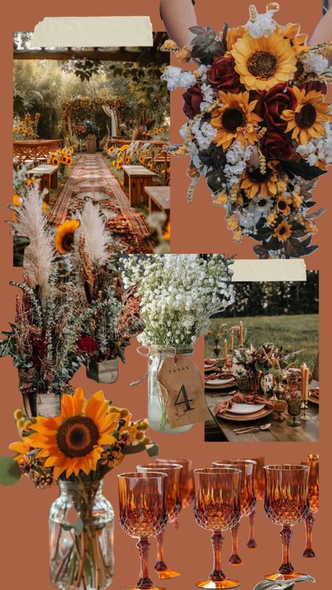 Boho sunflower weeding Sunflower And Orange Wedding, Sunflower Wedding Aesthetic, Fall Sunflower Wedding Colors, Sunflower Country Wedding Ideas, Fall Sunflower Wedding Theme, Green And Sunflower Wedding, Rustic Sunflower Wedding Ideas, Fall Wedding With Sunflowers, Wedding Sunflower Theme