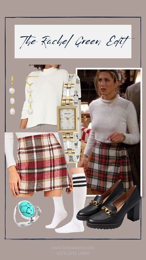 Iconic Rachel Green Outfit Inspiration, Plaid Skirt Outfit, Friends Fashion, 90s Style Rachel Green Plaid Skirt Outfit, Rachel Green Plaid Skirt, Rachel Green Plaid, 90s Plaid Skirt Outfits, Friends Fashion 90s, Green Plaid Skirt Outfit, Green Edit, Fashion 90s Style, Rachel Green Outfits