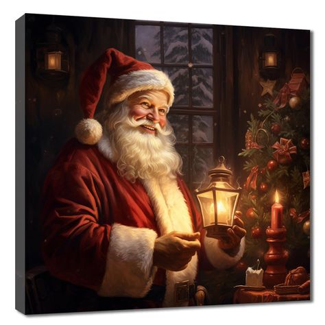 Santa Wall Art, Christmas Paintings On Canvas Acrylics, Santa Paintings, Hat Wall, Santa Art, Christmas Paintings On Canvas, Painting For Living Room, Moon Art Print, Kerosene Lamp