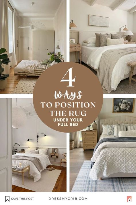 This Bedroom Rug Size Guide for Full Bed will help you narrow down your full bed rug size and placement. The guide includes tips on how to choose the right size rug for full size bed, bedroom rug placement full bed and full bed rug dimensions. Use this guide to choose the best bedroom rug size and bedroom rug placement for your room or explore full bed rug ideas! Additionally, virtually preview any rug in your room with our free rug visualization tool to find a perfect full bed rug size! Rug For Full Size Bed, Bed Rug Size Guide, Bed Rug Ideas, Rugs In Bedroom How To Place, Rug Placement Bedroom, Bed Rug Size, Neutral Bedrooms With Pop Of Color, What Size Rug, Bedroom Rugs Under Bed