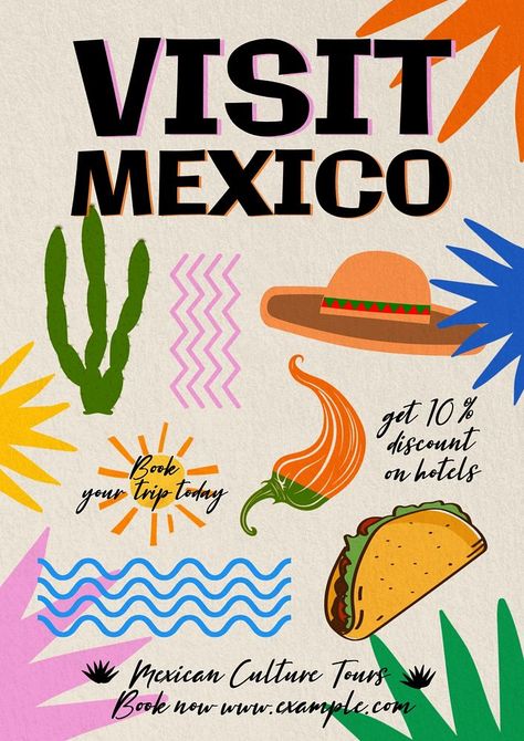 Visit Mexico poster template | premium image by rawpixel.com / Pitcha Benrohman Mexico Poster, Abstract Shape, Visit Mexico, Mexican Decor, Creative Fonts, Awesome Designs, Web Icons, Poster Ideas, Mexican Culture