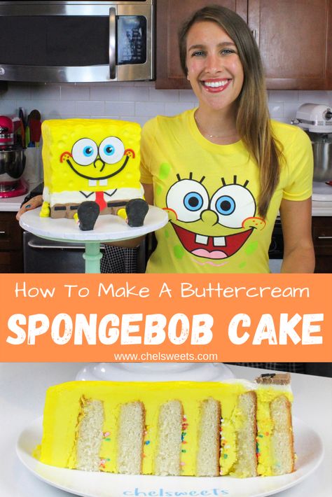 Spongebob Cake Easy, Spongebob Buttercream Cake, Diy Spongebob Cake, Spongebob Cake Ideas For Boys, Sponge Bob Cakes, Sponge Bob Cake Ideas, Tart Idea, Spongebob Cake Ideas, Sponge Bob Birthday Cake