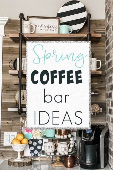 Coffee Bar Ideas Black, Black And White Coffee Bar, Spring Coffee Bar, White Coffee Bar, Coffee Bar Decor Ideas, Coffee Bar Inspiration, Small Coffee Bar Ideas, Small Coffee Bar, Bar Decor Ideas