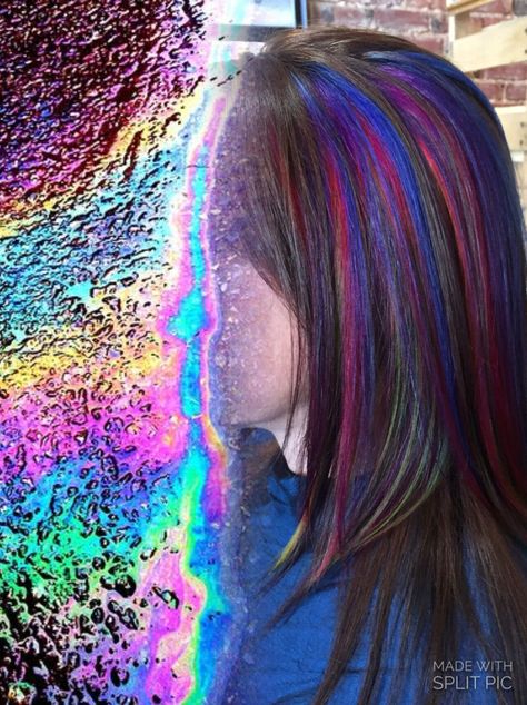 Oil Slick By Colt Stockdale #hairstyles #hair2016 #lanzahealinghaircare #pravana #coltstockdale #fashionhair #oilslickhair #oilslick Brown Oil Slick Hair, Oil Slick Hair Extensions, Brunette Oil Slick Hair, Oil Slick Hair Color Placement, Oil Slick Rainbow Hair, Oil Slick Hair, Oil Slick, Hair Wrap, Hair Styles