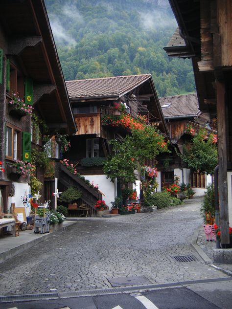 Brienz, Switzerland. This was my first trip to Switzerland. I took this photo because the street showed everything I love about the country. Switzerland Town, Switzerland Street, Swiss Country, Switzerland House, Chur Switzerland, Brienz Switzerland, Rustic Chalet, Trip To Switzerland, Beautiful Switzerland