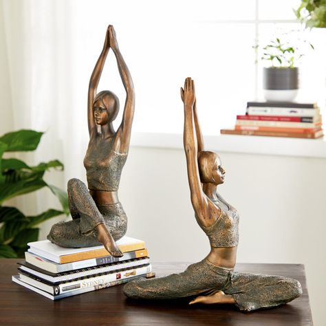 Take your home decoration to the next level with this set of polystone art yoga sculptures. The pair of figurine sculptures feature two women in yoga positions. The polystone statues have polished silver finishes and highlights amazing intricate detailing. These incredible yoga sculptures will enhance your home with a perfect mix of form and function. Use as figurine displays on top of accent tables, mantels, and countertops. Designed with stoppers at the base that prevent scratching furniture Yoga Figurines, Yoga Sculpture, Figurine Display, Tanah Liat, Yoga Positions, Stone Statues, Beautiful Yoga, Yoga Room, Glam Style