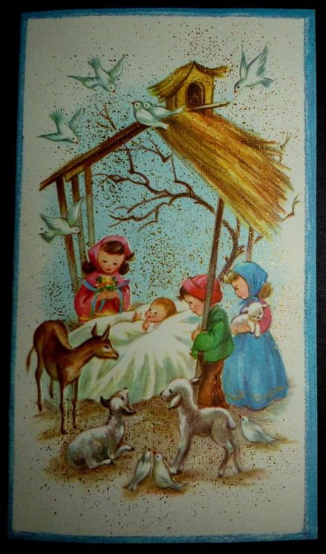 VINTAGE 1960s CHILDREN ADORING JESUS DEER DOVES MANGER CORONATION CHRISTMAS CARD | #1798277240 Christmas Reflections, Baptism Party Decorations, Retro Printables, Vintage Christmas Greeting Cards, Pink Xmas, Saint Nicolas, Card Book, Christmas Memory, Christmas Card Design