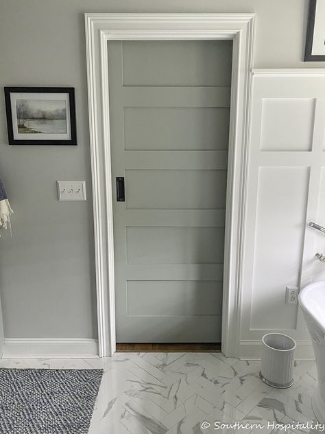 Adding a Sliding Barn Door to our Master Bath - Southern Hospitality Sliding Mirror Barn Door, Adding Pocket Door To Bathroom, Barn Door Inside Bathroom, Adding A Pocket Door, Master Bath Pocket Door, Half Bath Door Ideas, Pocket Barn Door, Slide Bathroom Door, Barn Door For Bathroom Master Bath