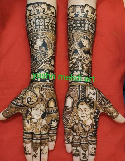 Bridal radha krishna Radha Krishna Bridal Mehndi, Radha Krishna Mehndi Design Bridal, Radha Krishna Mehandi Design, Radha Krishna Mehendi Designs, Radha Krishna Mehndi Design, Engagement Mehendi, Mehandi Design For Hand, Mehedi Design, Mehndi Ceremony