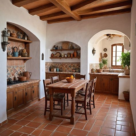 spanish style/living kitchen Spanish Kitchen Island Ideas, Small Kitchen Mediterranean Style, Southern Spanish Home, Spanish Style Tv Room, Spanish Mountain Home, Vintage Mexican Aesthetic House, Hacienda Style Room, Colombian Style Home, Latin Home Decor Spanish Style