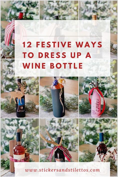 Give the gift of wine this year! Here are 12 fun ways to make a wine bottle a festive gift! #hostessgifts #holidaywine #winebottlecrafts #christmasideas Alcoholic Gifts, Wine Bottles Gift Wrap, Wine Gift Wrapping, Bottle Gift Wrapping, Holiday Wine Bottles, Wine Wrap, Wine Bottle Stickers, Baskets Ideas, Wrapped Wine Bottles