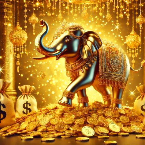 7 Horses, Golden Elephant, Money Bags, Golden Coin, Wealth And Prosperity, Ganesha, Elephant, Digital Art, Horses