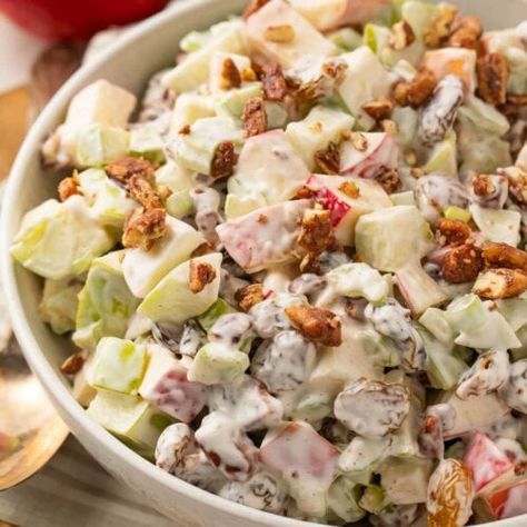 Crisp Apple Salad with Raisins and Pecans - 40 Aprons Crisp Apple Salad, Salad With Raisins, Paleo Mayonnaise, 40 Aprons, Glazed Pecans, Creamy Dressing, Crisp Apple, Dairy Free Yogurt, Vegan Mayonnaise