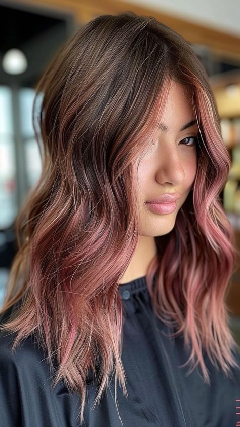 25 Stunning Rose Gold Hair Colors for a New You Brown And Rose Gold Hair, Brunette Hair With Pink, Brown To Pink Ombre Hair, Light Brown Hair With Pink Highlights, Chocolate Rose Gold Hair, Pink Balayage Brunette, Ideas For Dark Brown Hair, Brown Hair With Pink Highlights, Two Tone Hair Color Ideas