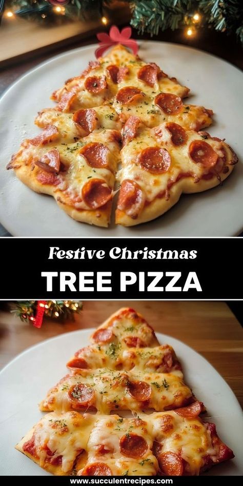 This fun, festive pizza shaped like a Christmas tree is topped with your favorite ingredients, making it the perfect dish for holiday celebrations. Christmas Pizza Party, Christmas Pizza Ideas, Christmas Luncheon Ideas, Christmas Tree Pizza, Diy Snack Ideas, Pizza Sides, Christmas Pizza, Thank Giving, Christmas Luncheon