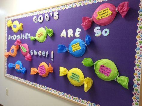 Welcome To Sunday School Ideas For Kids, Gods Creation Bulletin Board Ideas, Candy Bulletin Board Ideas, Kindness Is Sweet Bulletin Board, God Keeps His Promises Bulletin Board, Kids Bulletin Boards, Sunday School Decorations, Sunday School Rooms, School Board Decoration