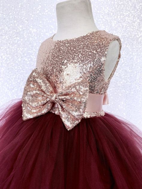 2 Layer Tulle Fishing Line Burgundy Sleeveless Blush Mini Sequin Rose Gold Dress Newborn Toddler Wedding Flower Girl Birthday Graduation - Etsy Pageant Photoshoot, Rose Gold Gown, Quinceañera Ideas, Blush Gown, Rose Gold Dress, Tulle Bow, Gold Gown, Tulle Bows, Blush Rose