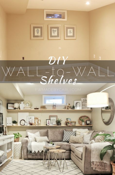 diy wall to wall shelves Wall To Wall Shelves, Long Wall Shelves, Build Wall, Basement Shelving, Easy Shelves, Basement Decoration, Wall Shelving, Corner Wall Shelves, Modern Wall Shelf