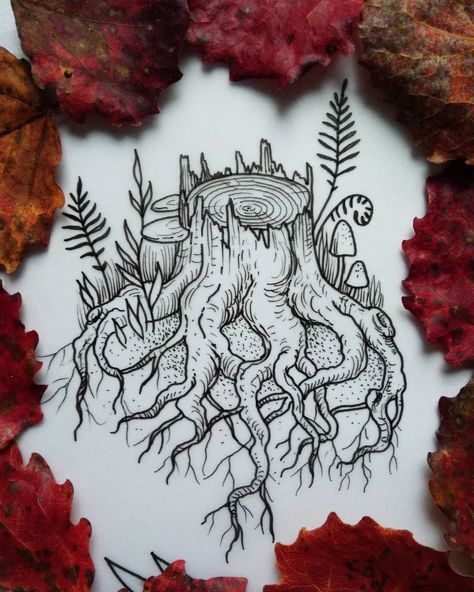 Sleeve Tattoos Nature, Tree Stump Tattoo, Tree Stump Mushroom, Stump Tattoo, Tattoos Leg, Tattoos Nature, Earthy Tattoos, Mushroom Tattoo, Nature Tattoo Sleeve