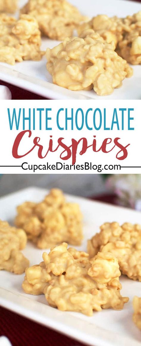 White Chocolate Crispies are loaded with peanut butter and white chocolate goodness. These no-bake treats are perfectly chewy and delicious! Peanut Butter And White Chocolate, Chocolate Rice Crispy Treats, Chocolate Rice Crispy, Easy Bakes, Xmas Cookie, Party Snacks Easy, Peanut Butter Marshmallow, Cereal Snacks, Krispy Treats