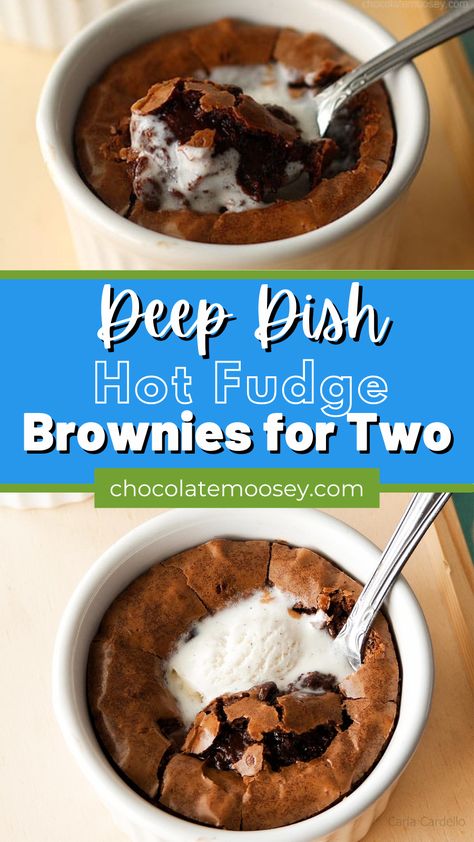 These Deep Dish Hot Fudge Brownies for Two are divine. They are so rich and decadent, it’s every chocoholic’s dream.  It’s almost like eating underbaked fudgy brownies with their rich chocolatey centers.  This brownie for two recipe is individual brownies baked in ramekins. Serve ithem with vanilla ice cream, and they'll be gone in no time. Personal Brownie Recipe, Chocolate Dessert For One, Individual Brownie Recipe, Ramekin Brownie, Brownies Small Batch, Individual Brownies, Brownie For Two, Hot Fudge Brownies, Brownies For Two