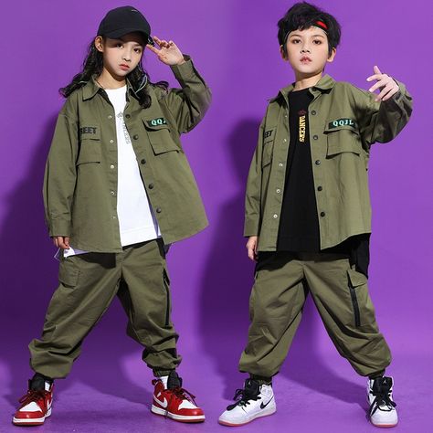 Hip Hop Kids, Dance Costumes Hip Hop, Hip Hop Costumes, Army Green Jacket, Label Sticker, Tomboy Outfits, Hip Hop Outfits, Stage Performance, Label Printer