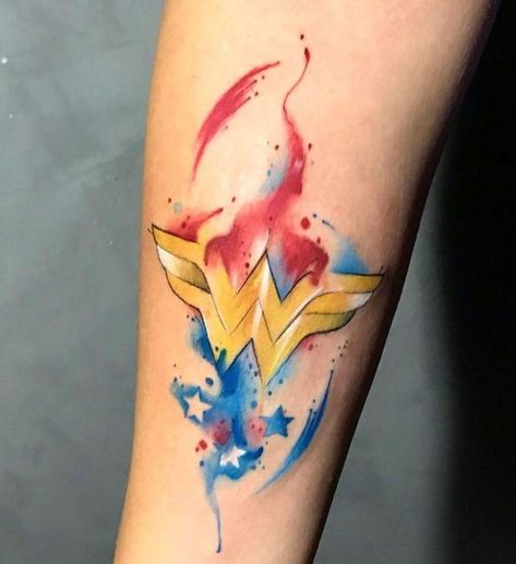 Whiplash Tattoo, Watercolor Sleeve, Super Hero Tattoos, Tatuaje Harley Quinn, Wonder Woman Tattoo, Wonder Woman Drawing, Iron Man Tattoo, Hero Tattoo, Wrist Tattoo Cover Up