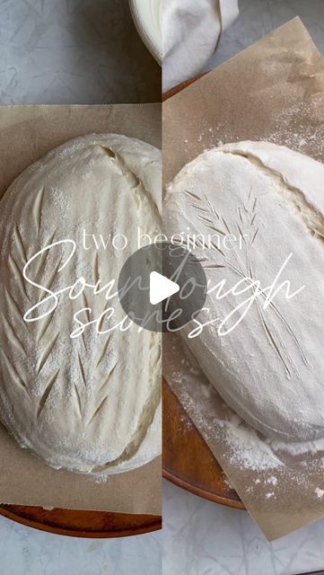 Emily🌾 Sourdough Recipes on Instagram: "🥖Two Beginner Friendly Sourdough Scores  New to sourdough and wanting to learn a fun score? These two are perfect for you! The first one is a simple leaf score that works well on almost all dough, the second one is a simple wheat score that works best on a firmer dough that is floured on top.  🌟Remember the detail score should be shallow about 1/8 inch deep & the expansion score should be deep about 1/4-1/2 inch deep  Don’t forget to have fun! Don’t be to hard on yourself if your scores aren’t turning out the way you want, it takes time & practice🫶🏻♥️ • • Follow @bakingtosurvive_ for more sourdough recipes & tips🥣  • • • • • #sourdough#sourdoughscoring#sourdoughforbeginners#breadforbeginners#breadbasics#sourdoughdiscard#bakingbasics#sourdoughdi Ways To Score Sourdough, Easy Sourdough Scoring, Sourdough Score Designs, Yeast Bread Loaf, Scoring Sourdough Bread, Scoring Sourdough, Sourdough Scoring, Bread Scoring, Yeast Breads