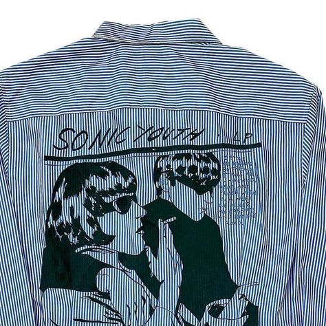 Angle on Instagram: "Hand drawn on a stripe shirt. 1of1 #sonicyouth #subpop #vinage #handdrawing #handpaint #RaymondPettibon" Raymond Pettibon, Shirt Painting, Sonic Youth, Stripe Shirt, Hand Drawing, Design Inspo, Striped Shirt, Submarine, Hand Drawn