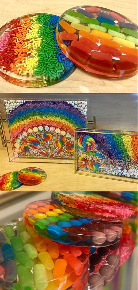 How To Make Epoxy Resin Tray, Resin Candy Table, Candy Coasters, Candy Tray, Epoxy Crafts, Candy Ideas, Candy Art, Resin Tray, Epoxy Resin Crafts