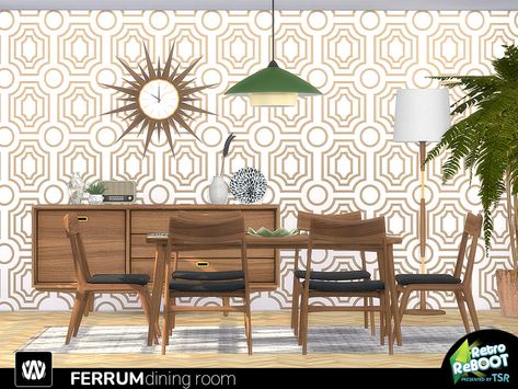 Sims 4 — Retro ReBOOT - Ferrum Dining Room by wondymoon — TSR Retro ReBOOT theme special, mid-century modern style; 70s Style Home, Midcentury Dining Room, Dinig Room, 50s Decor, College Room Decor, Casas The Sims 4, Sims 4 Downloads, Sims 4 Cc Furniture, Post Modern