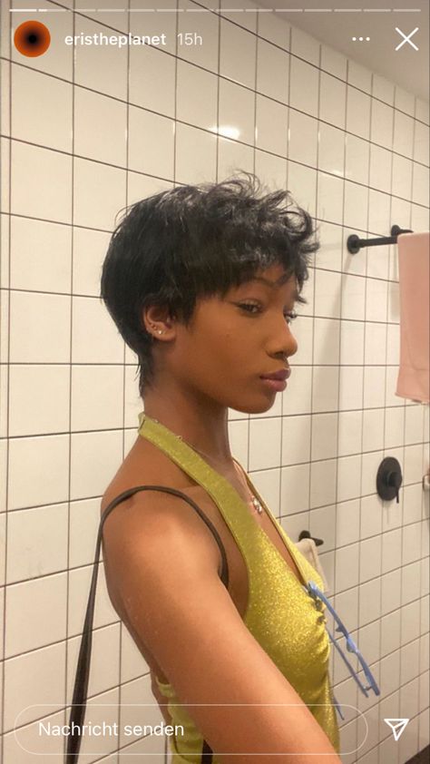 Short Hair Black Women Aesthetic, Black Girls With Short Hair, Afro Mullet Black Women, Short Permed Hairstyles Black Women, 4c Pixie Haircut, 90s Pixie Cut Black Women, Black Haired Girl Mullet, Buzzcut Girl Black Hair, Girl Buzzcut Black Hair