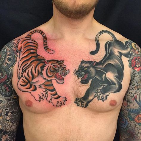 Chest Tattoo Animal, Tiger Chest Tattoo, Tiger Tattoo Meaning, Traditional Chest Tattoo, Traditional Tiger Tattoo, Traditional Panther Tattoo, Panther Tattoo, Chest Tattoo Men, Tiger Tattoo