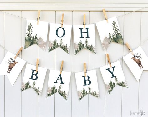 Oh Baby Watercolor Forest Baby Shower Banner Mountain Baby - Etsy Mountain Baby Shower Theme, Baby Watercolor, Forest Baby Showers, Adventure Baby Shower, Boy Baby Shower Ideas, Watercolor Forest, Forest Baby, Adventure Baby, Baby Banners