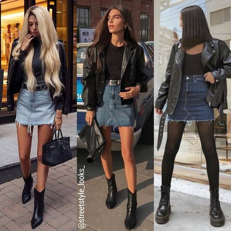 Jean Skirt Outfits Spring, Short Denim Skirt Outfits, Denim Mini Skirt Outfit, Inspirational Outfits, Jean Skirt Outfits, Short Jean Skirt, Black Jean Skirt, Denim Skirt Outfits, Winter Skirt Outfit