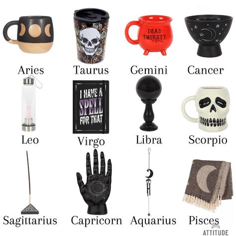 Gift ideas for each zodiac🎁🖤 Comment your sign below✨ Zodiac Gifts Ideas, Zodiac Signs Birthday, Virgo Female, Gothic Homeware, Virgo And Sagittarius, Libra And Leo, Leo And Scorpio, Sagittarius And Capricorn, Capricorn And Aquarius