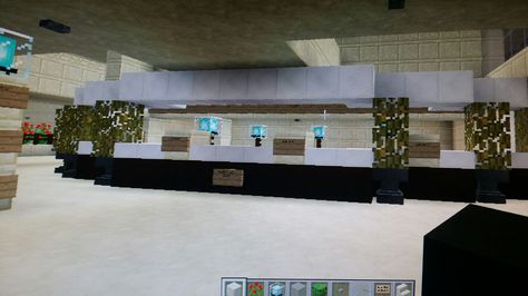 Front desk Minecraft Reception Desk Ideas, Minecraft Front Desk, Minecraft Reception Desk, Desk Minecraft, Minecraft Office, Minecraft Jokes, Minecraft Modern City, Minecraft Interior, Minecraft Modern